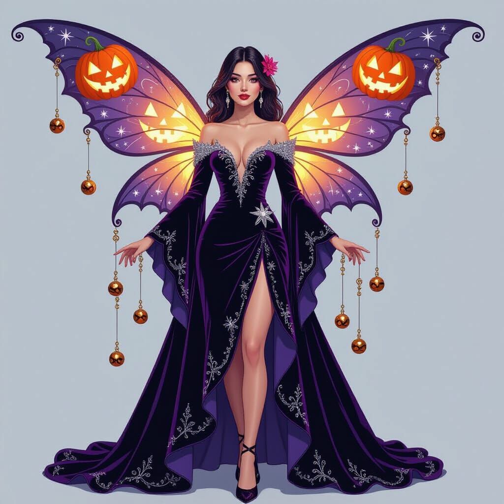 Woman in Velvet Gown with Jack-o'-Lantern Wings