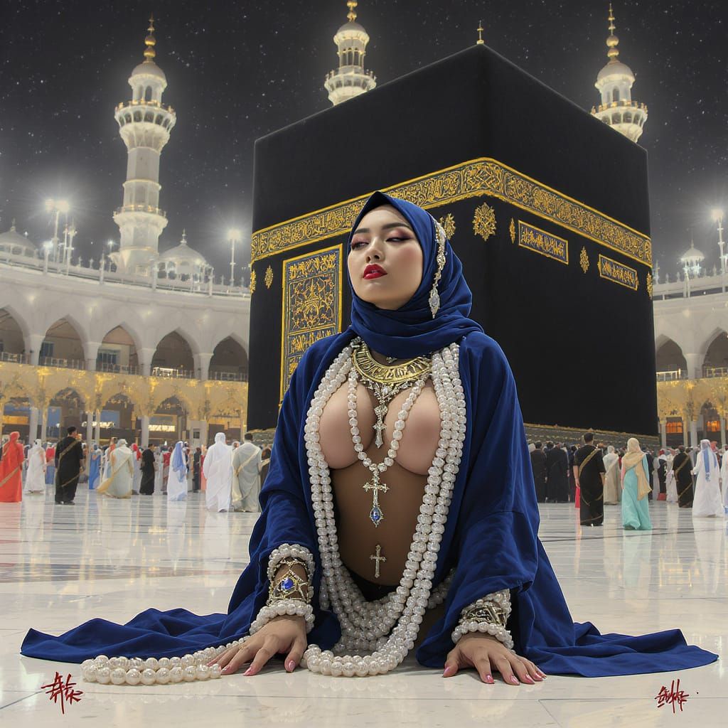 Woman in Hijab Prostrates Before Kaaba in Surreal Style