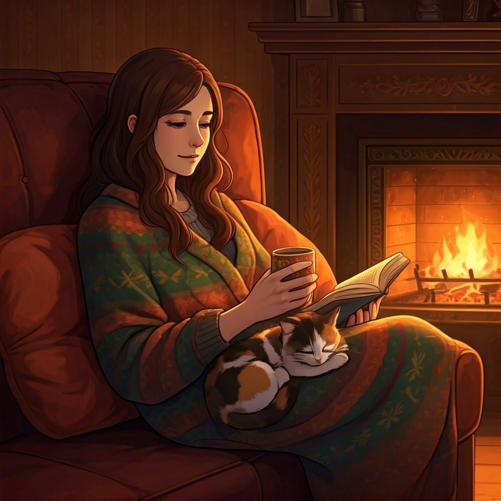 Cozy Woman with Cat in Vintage Living Room