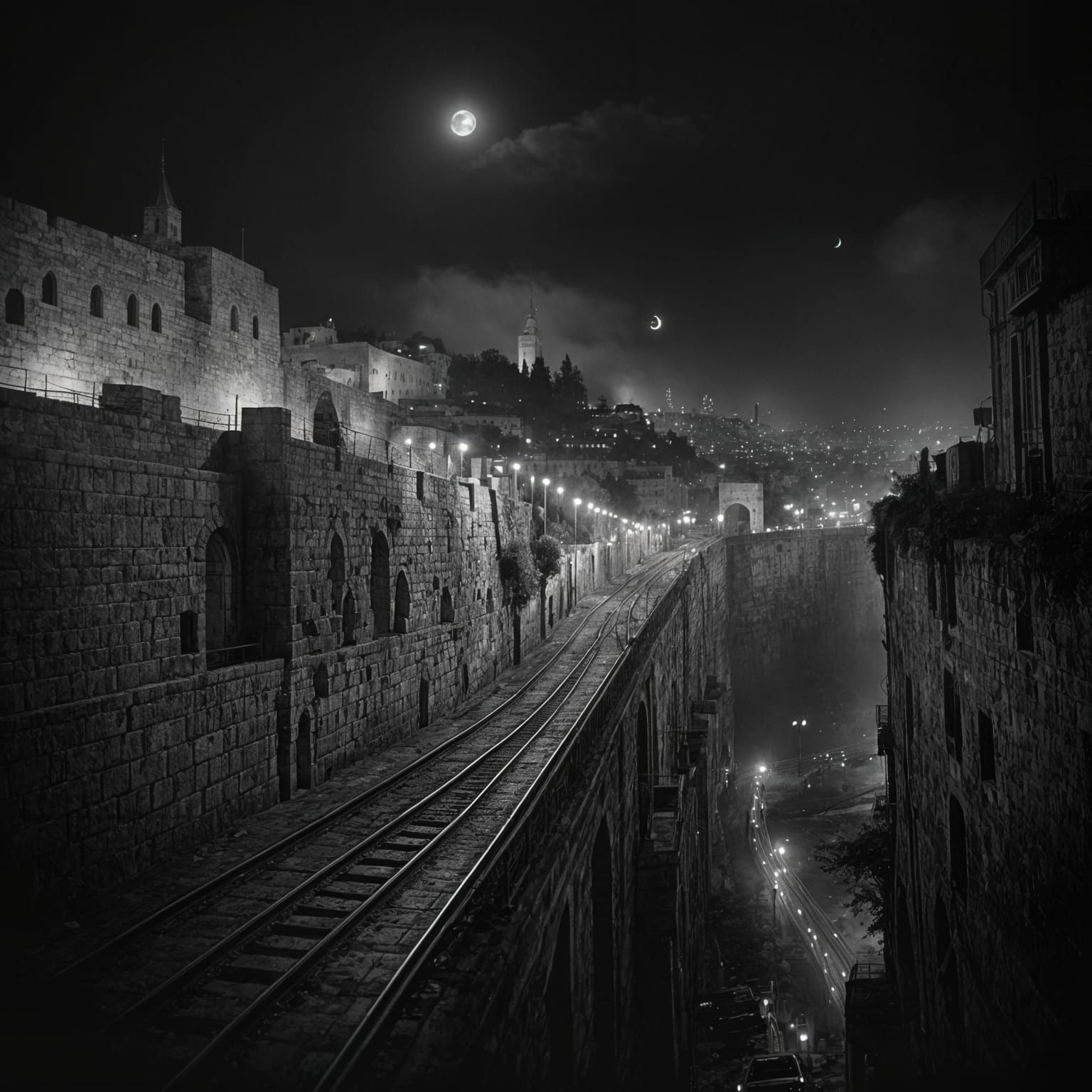 Scary Dark Jerusalem Night with Western Wall and Chain Bridg...