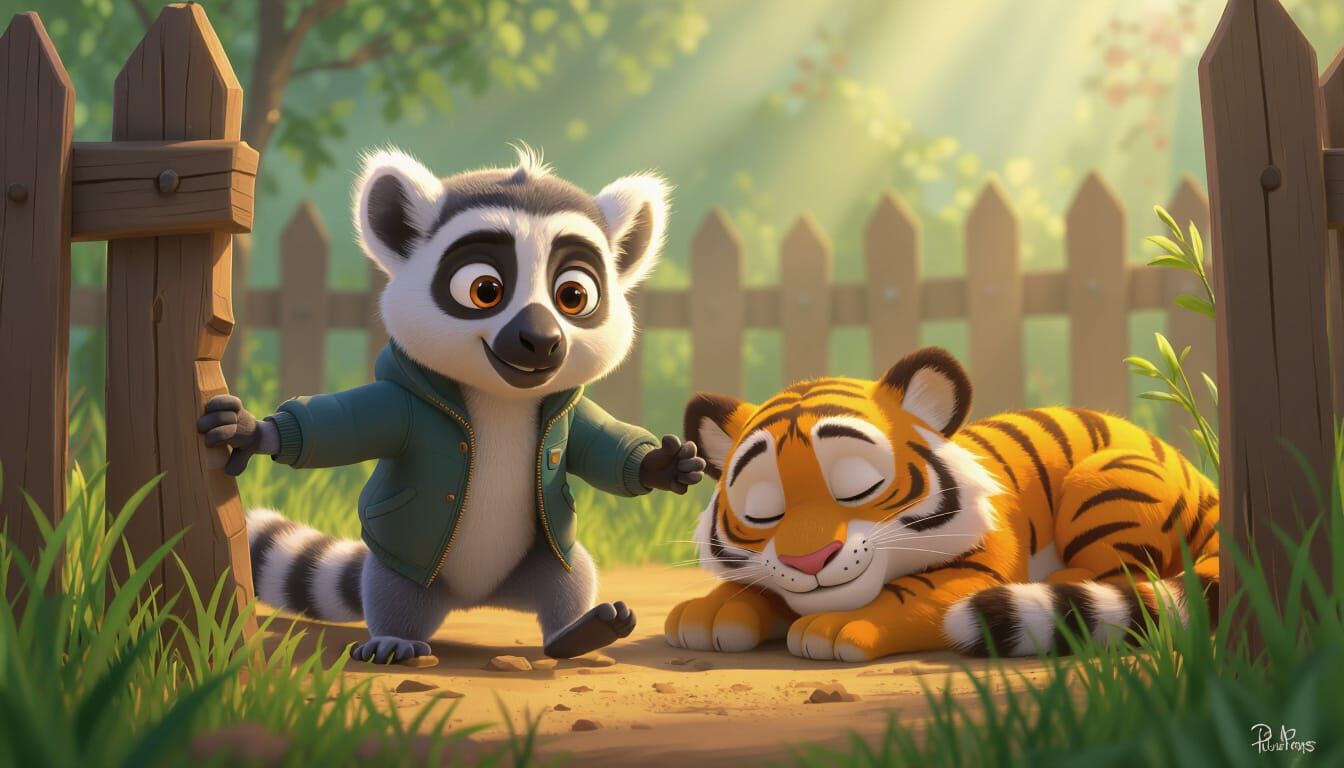 Cute Cartoon Lemur Sneaks Past Sleeping Tiger