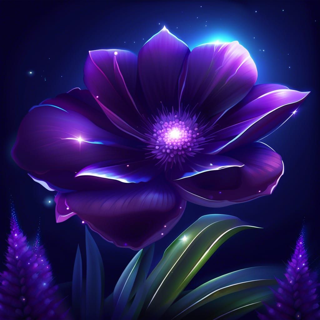 One tropical purple flower, luminous, sparkles, night time, ...