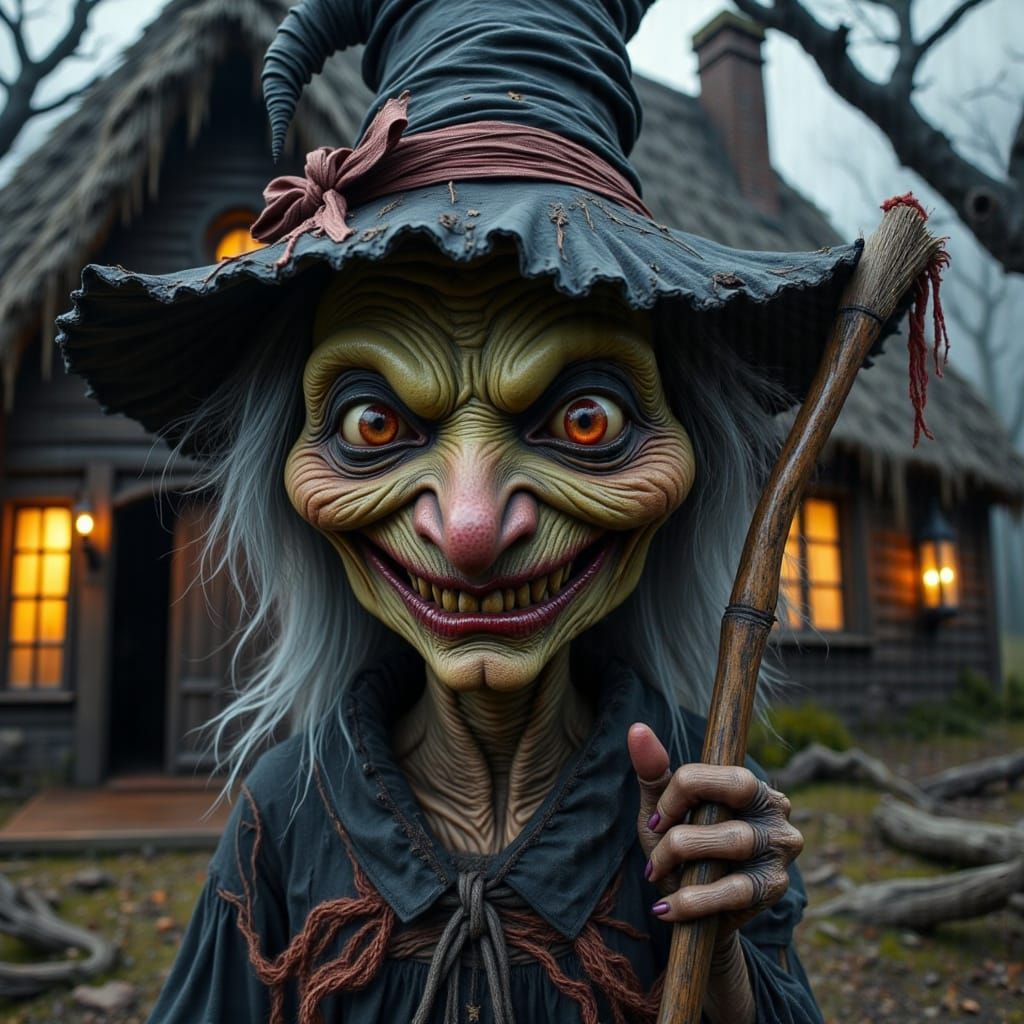 Grotesque Apple Witch Head Doll in Medieval Landscape