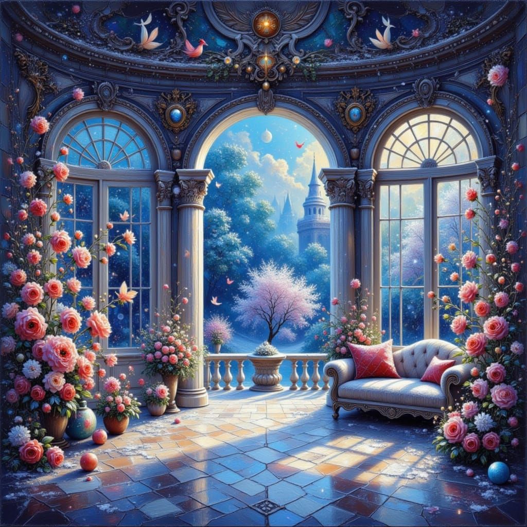 Elegant Ballroom Opens to Snowy Garden Balcony