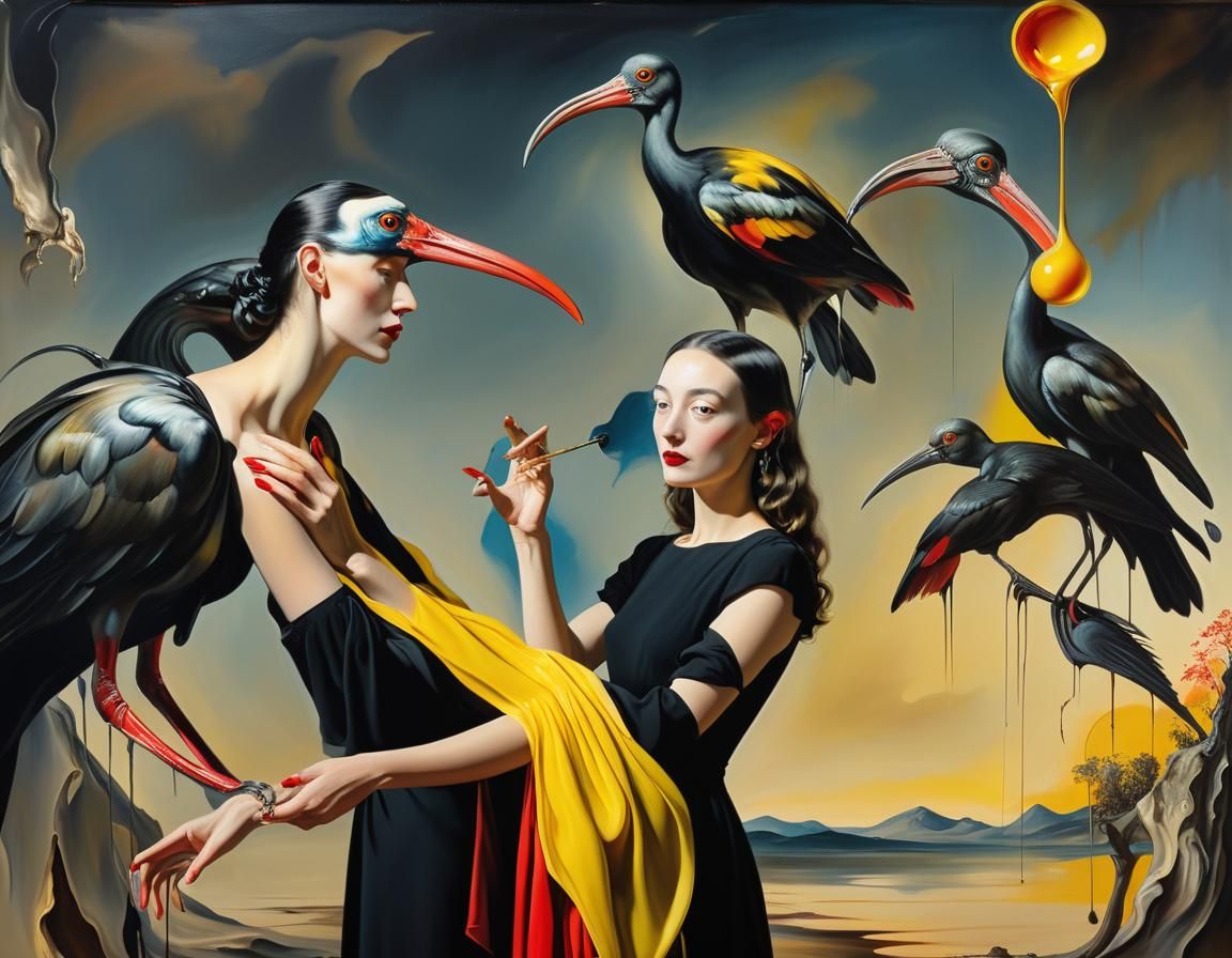 Woman with Ibis in Surreal Oil Painting Style