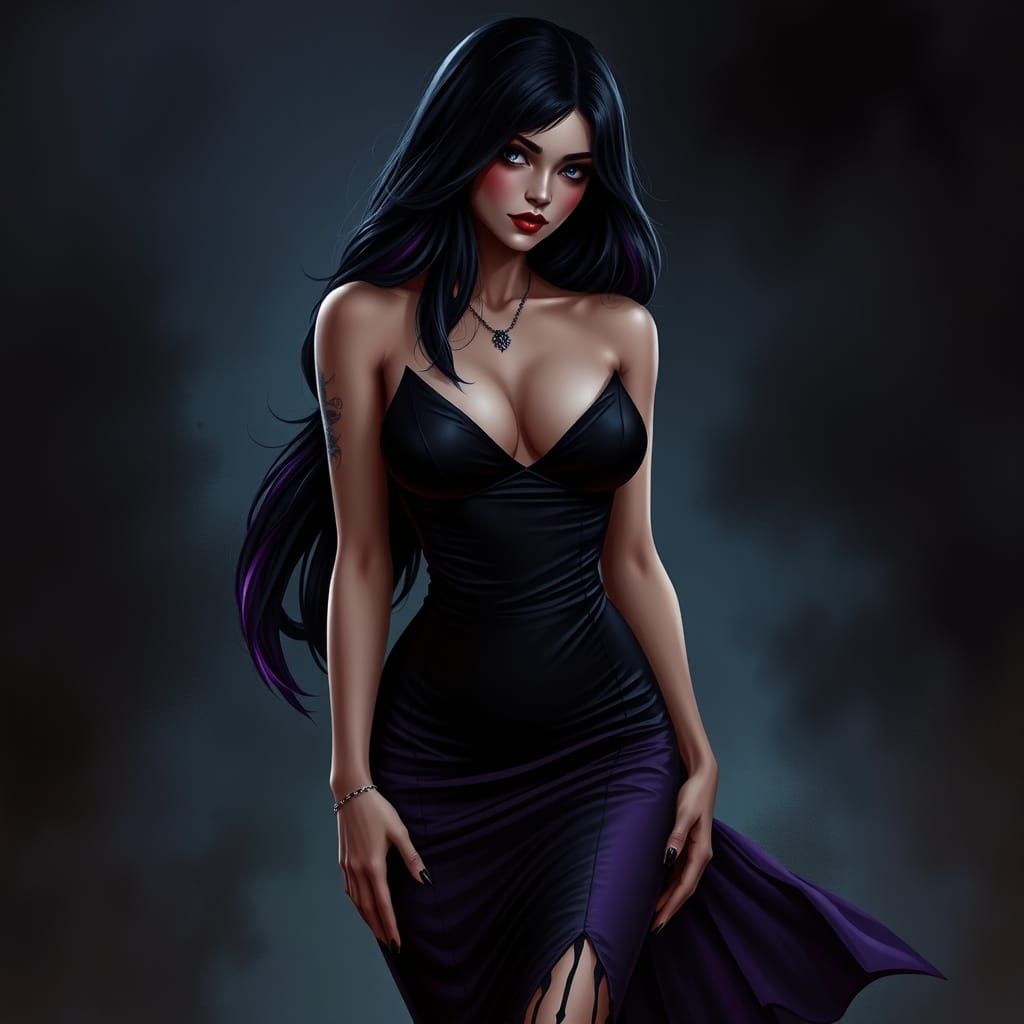Gothic Beauty in Black and Purple Dress