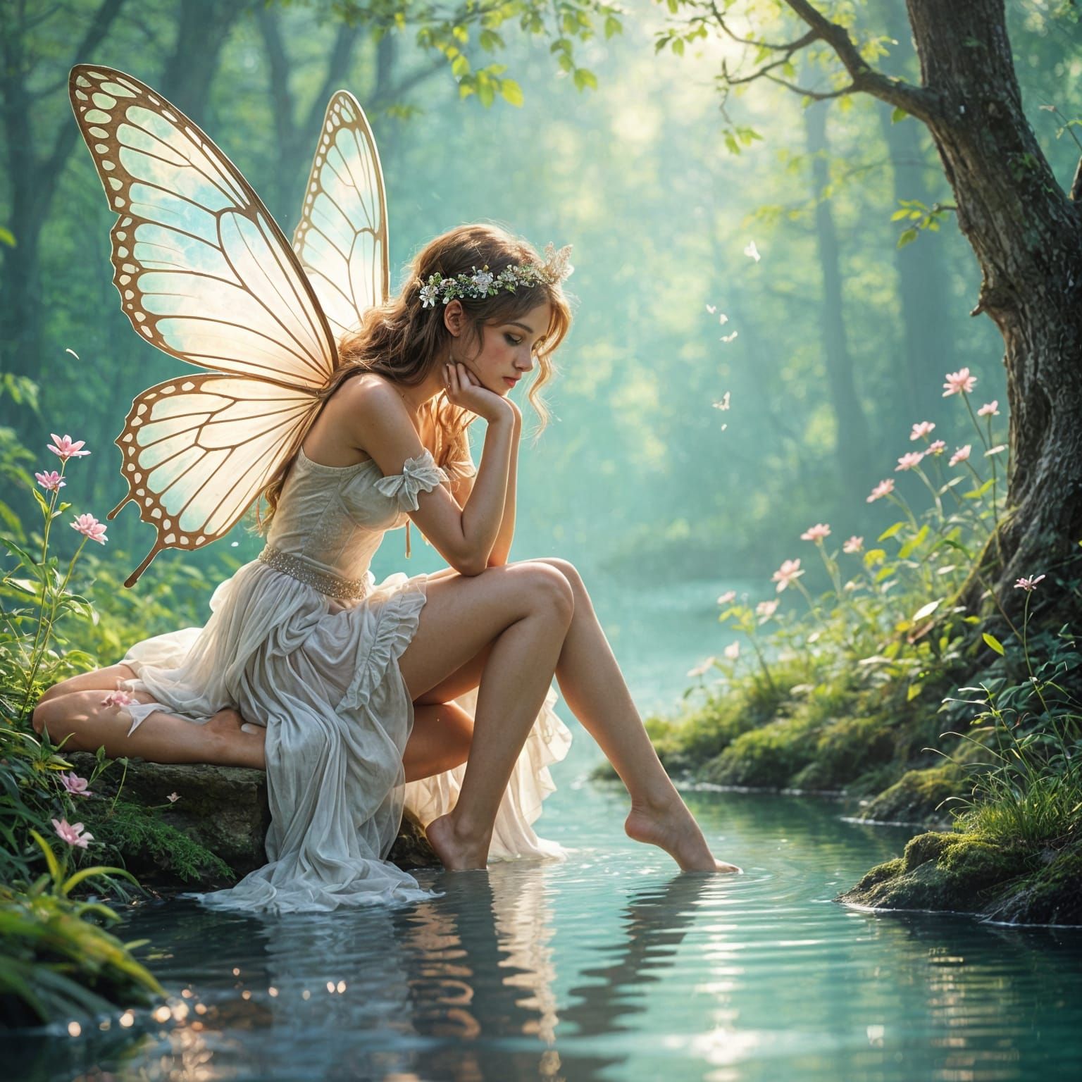 Enchanted Fairy Reflects in Pastel Forest