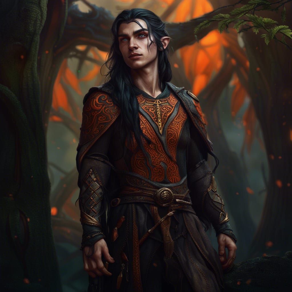 Androgynous Elf Druid with Orange Eyes, Digital Art