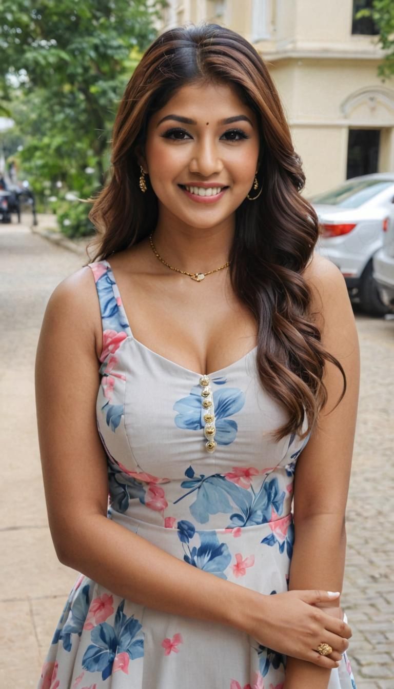 A smiling beautiful hot curvy (voluptuous:1.7) Nayantara in trendy designer crop top with pendant locket necklace and cl...