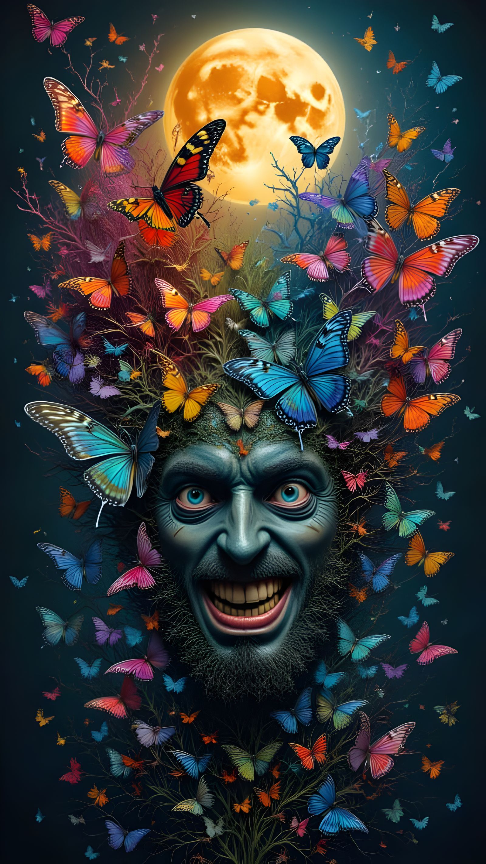 Fractured Man's Face with Iridescent Butterfly Wings and Eye...