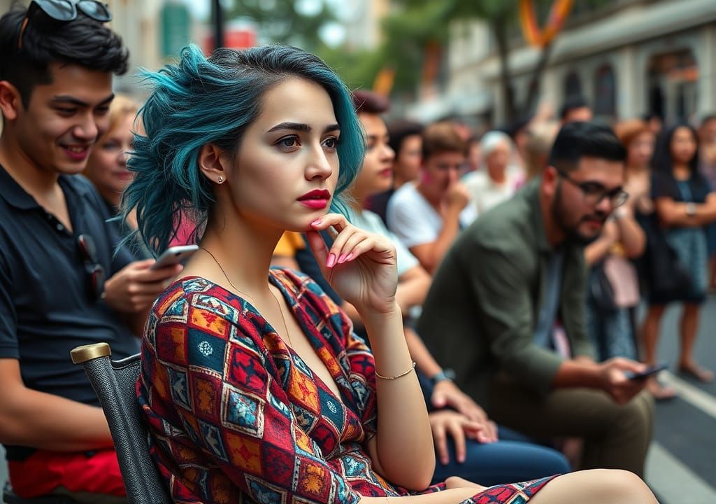 Young Woman Observes Parade, Digital Art