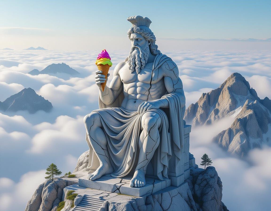 Ancient Statue on Mount Olympus with Ice Cream