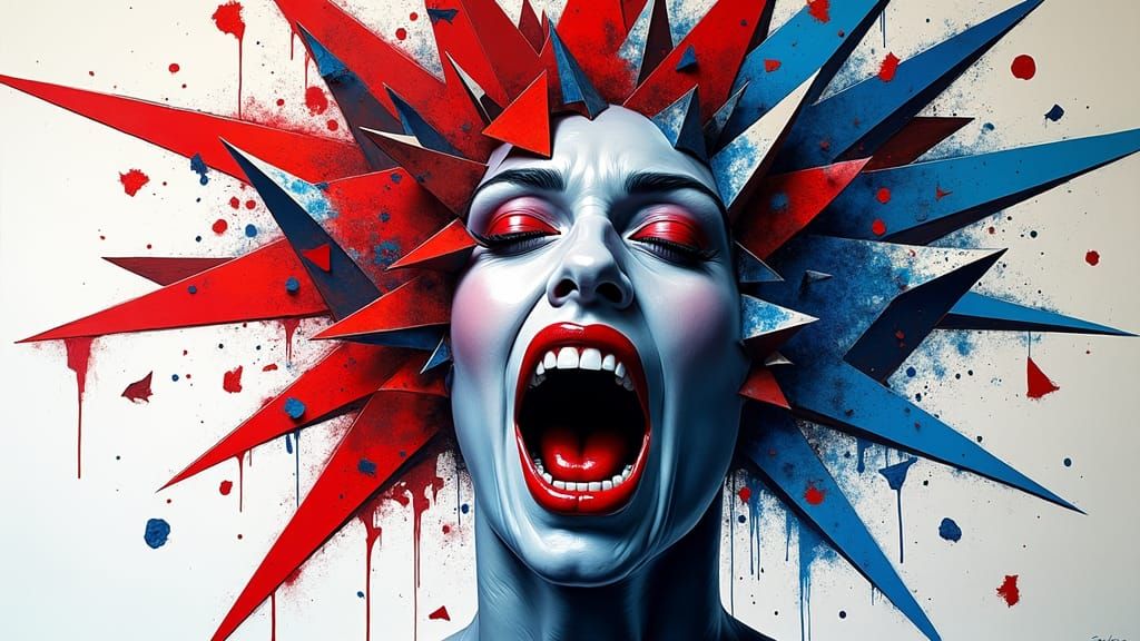 A striking, abstract artwork featuring a woman's face with f...