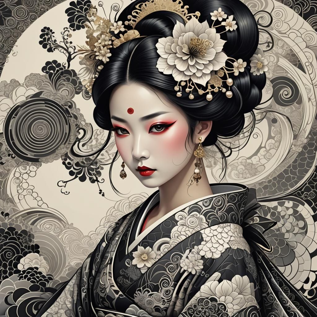 Elegant Geisha with Abstract Fractal Decorations