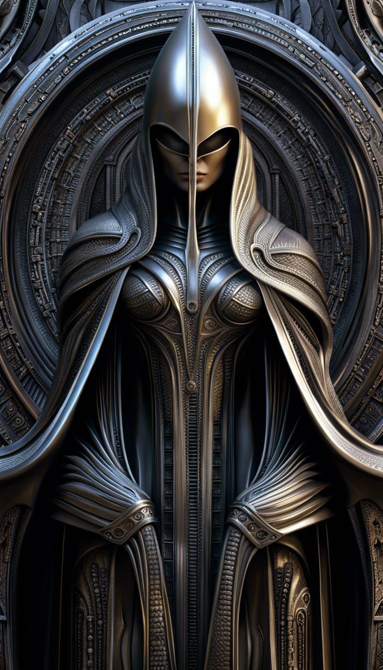 Holographic Godlike Figure in Biomechanical Style