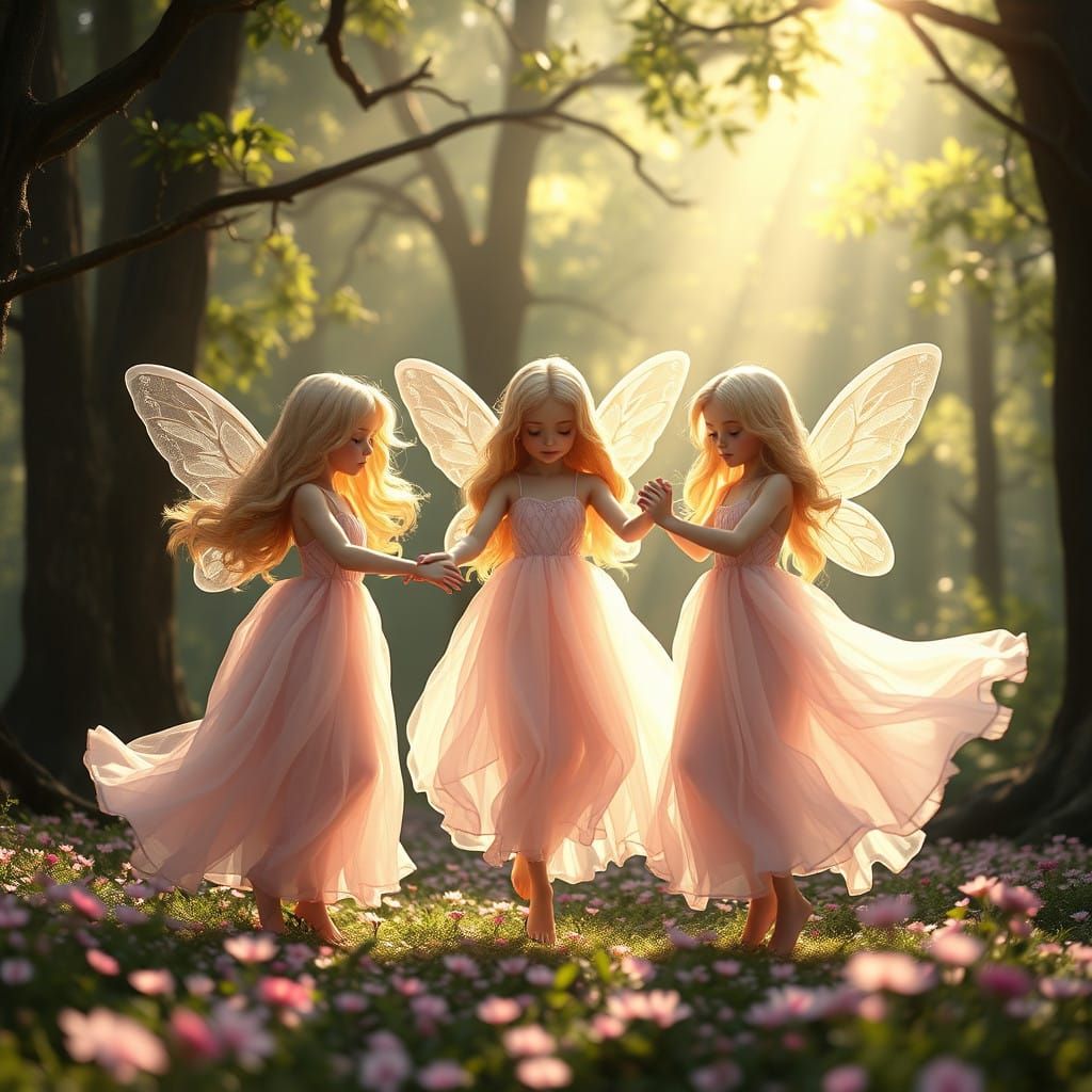 Three Whimsical Fairy Sisters Dance in Enchanted Forest