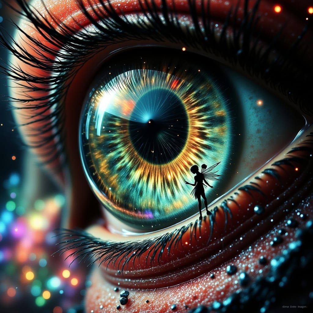 Macro Eye with Checkered Iris and Cyberpunk Elements