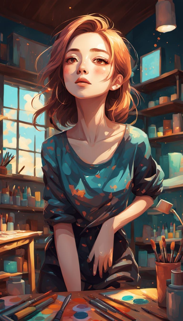 Anime Artist's Studio with Vibrant Colors and Soft Shading