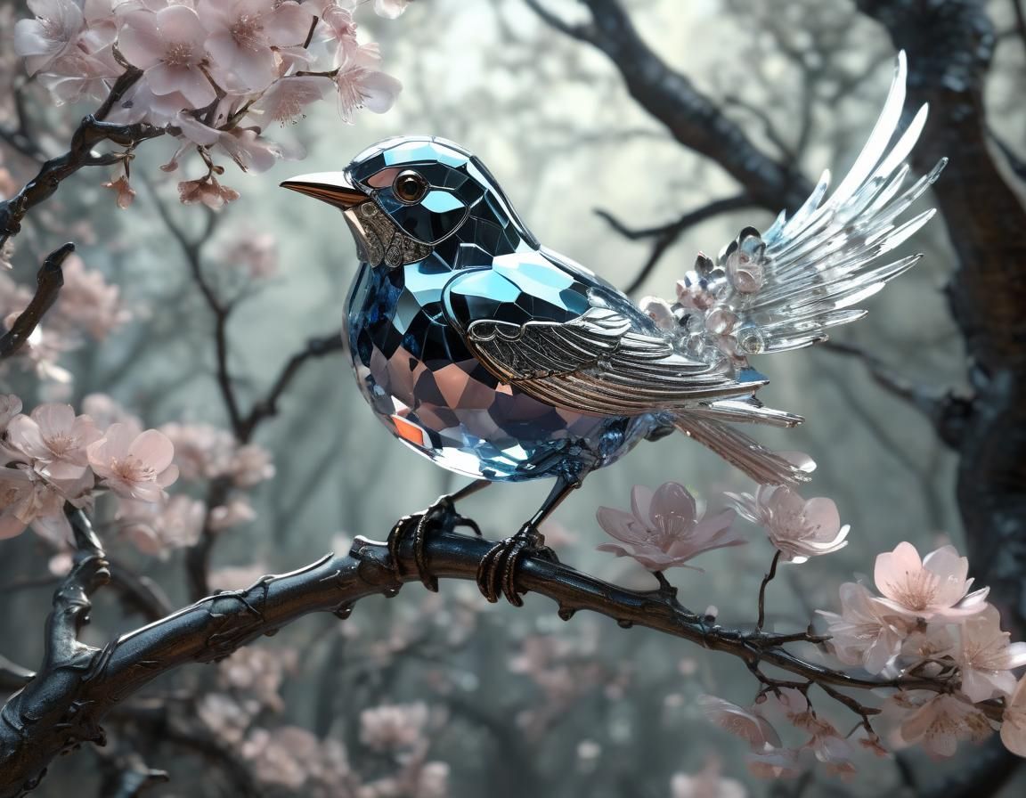 Crystal Chrome Bird on Blossom Branch, Digital Painting