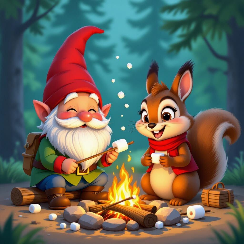 Gnome and Squirrel Friends Roasting Marshmallows in Pixar St...