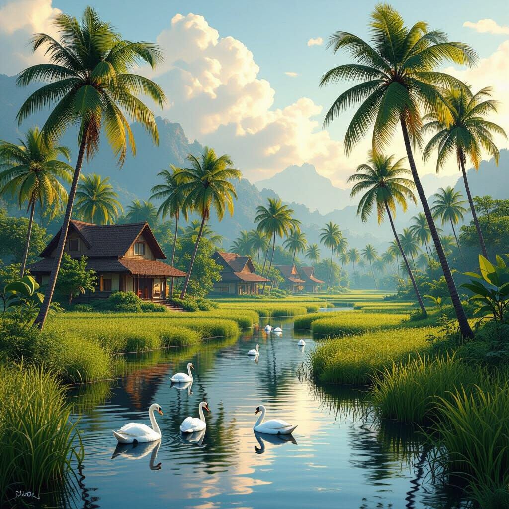 Enchanted Village: Coconut Trees and Swans in Matte Painting