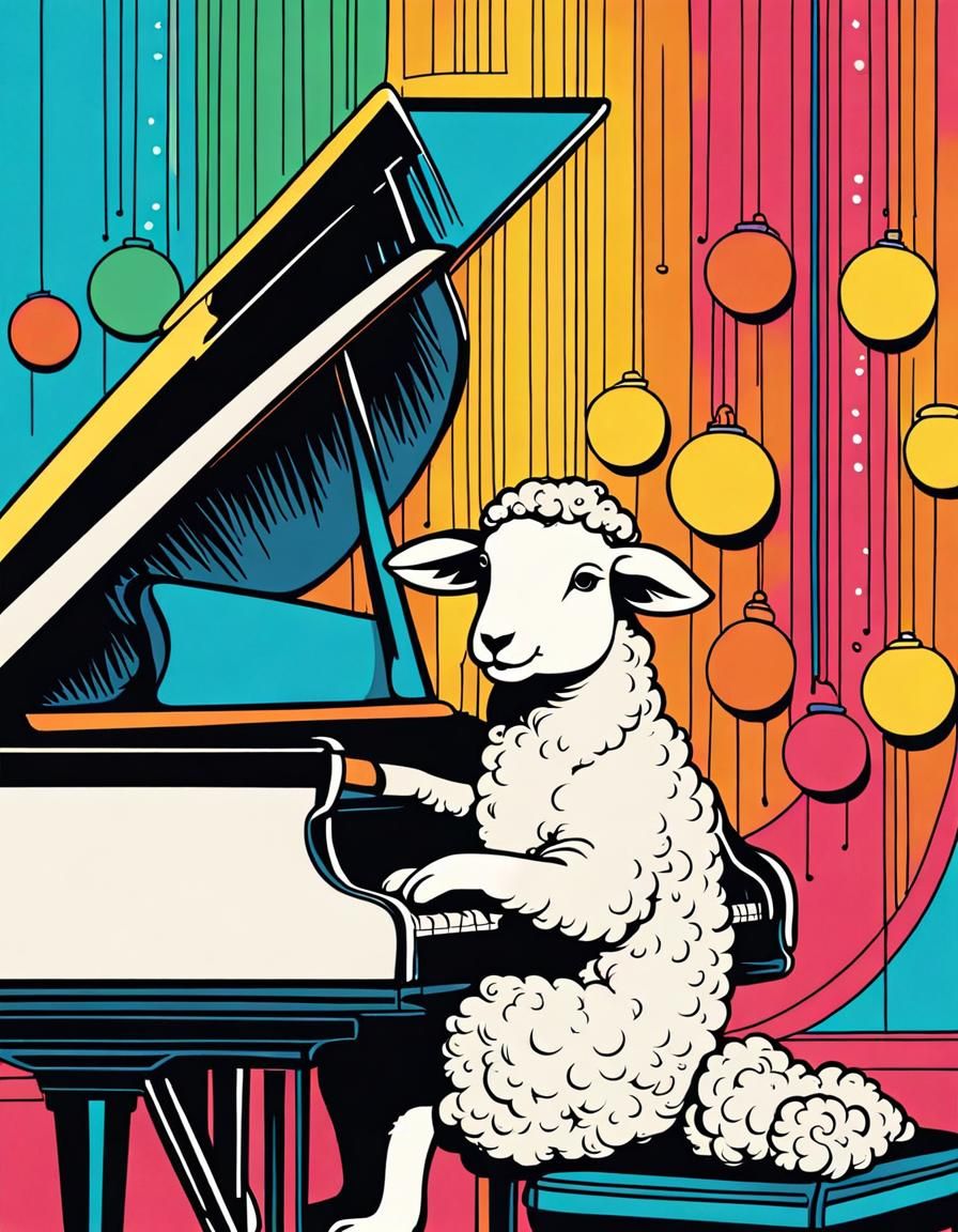 Sheep composer sitting at the piano and playing some new melodies.