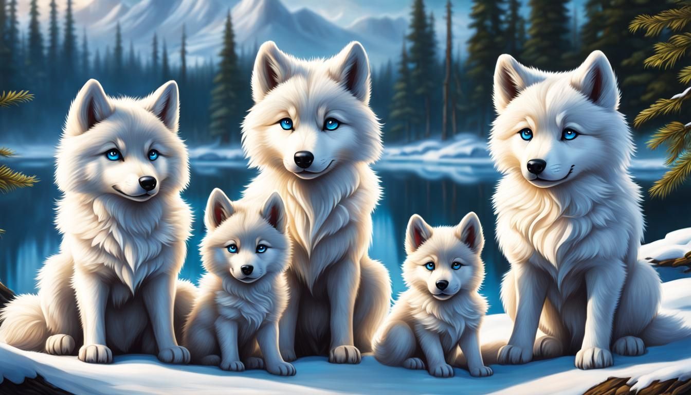 Steampunk Arctic Wolf Family in Airbrush Style