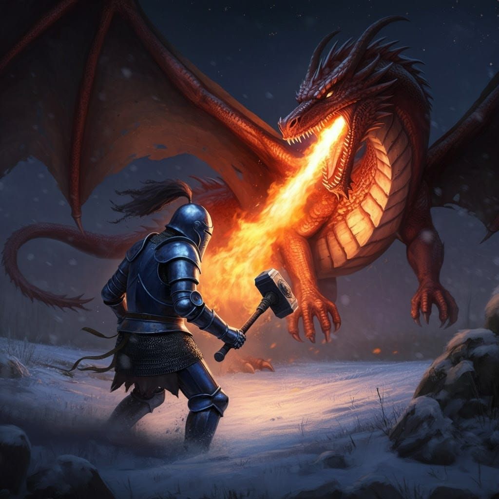 Knight vs Dragon Battle Under Starry Sky