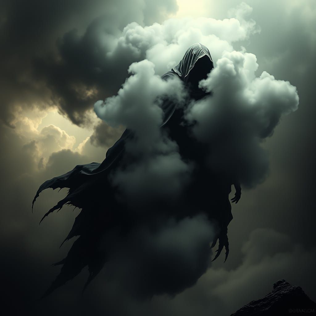 The Reaper Emerges from Dark Smoke in a Haunting Chiaroscuro...