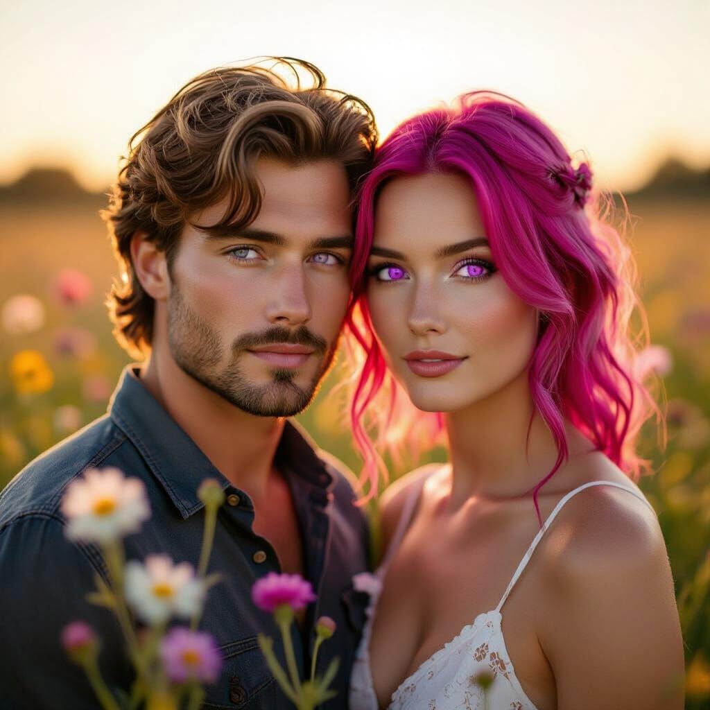 Couple with Pink Hair and Purple Eyes in Wildflower Field