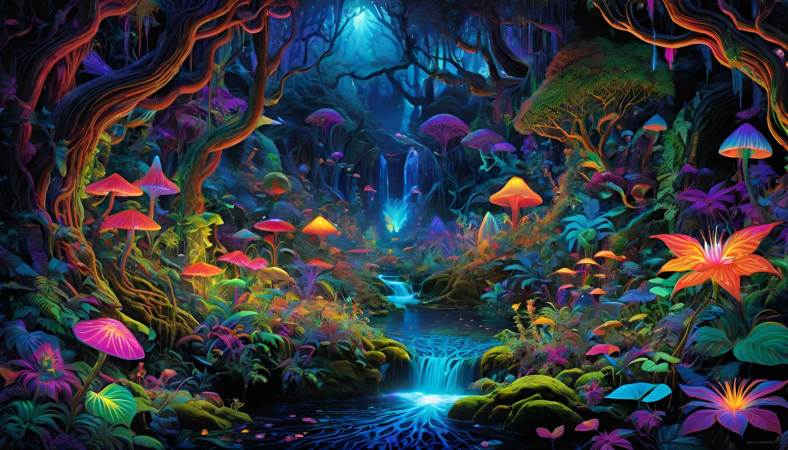 Psychedelic Blacklight Jungle with Mythical Creatures