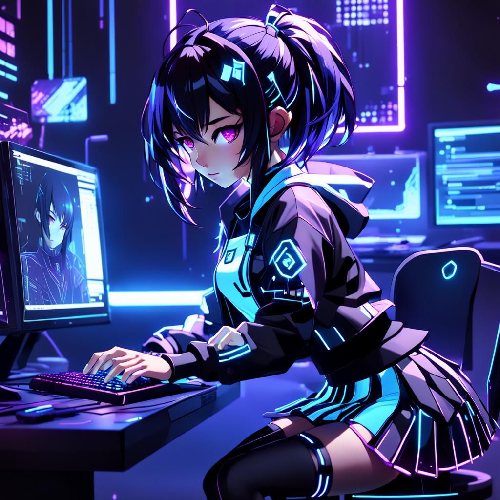 Anime Hacker Girl in Neon Lit Room
