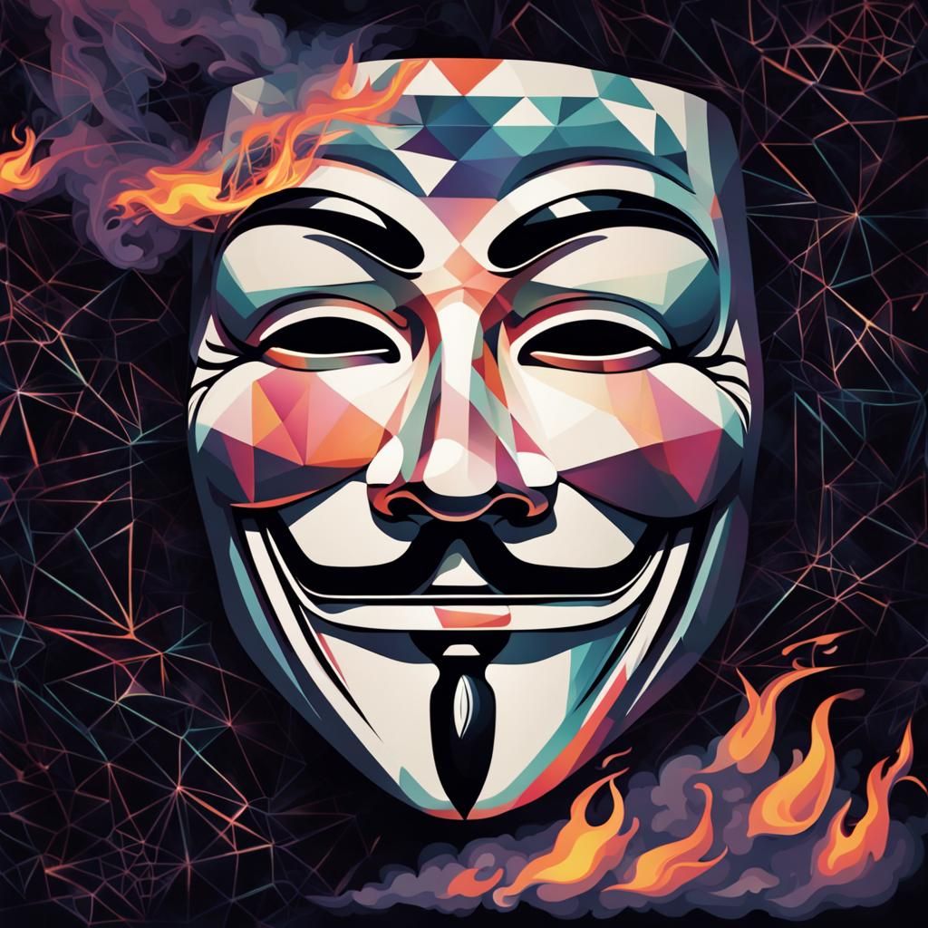 Flaming Guy Fawkes Mask on Psychedelic Backdrop