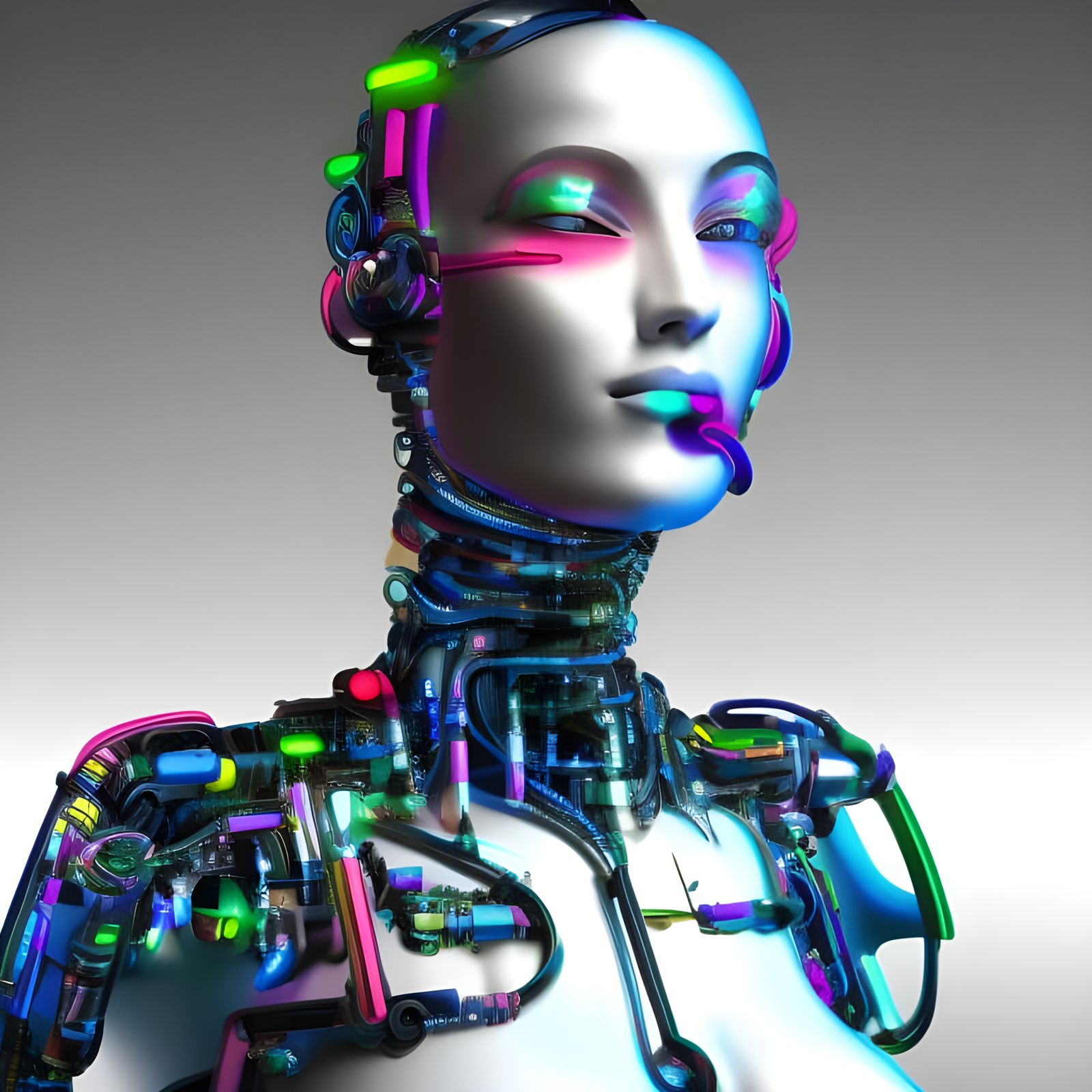 Beautiful Cyberpunk Cyborg in Neon Cityscape