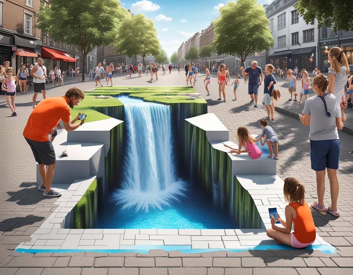 Hyperrealistic 3D Waterfall Illusion on Sidewalk
