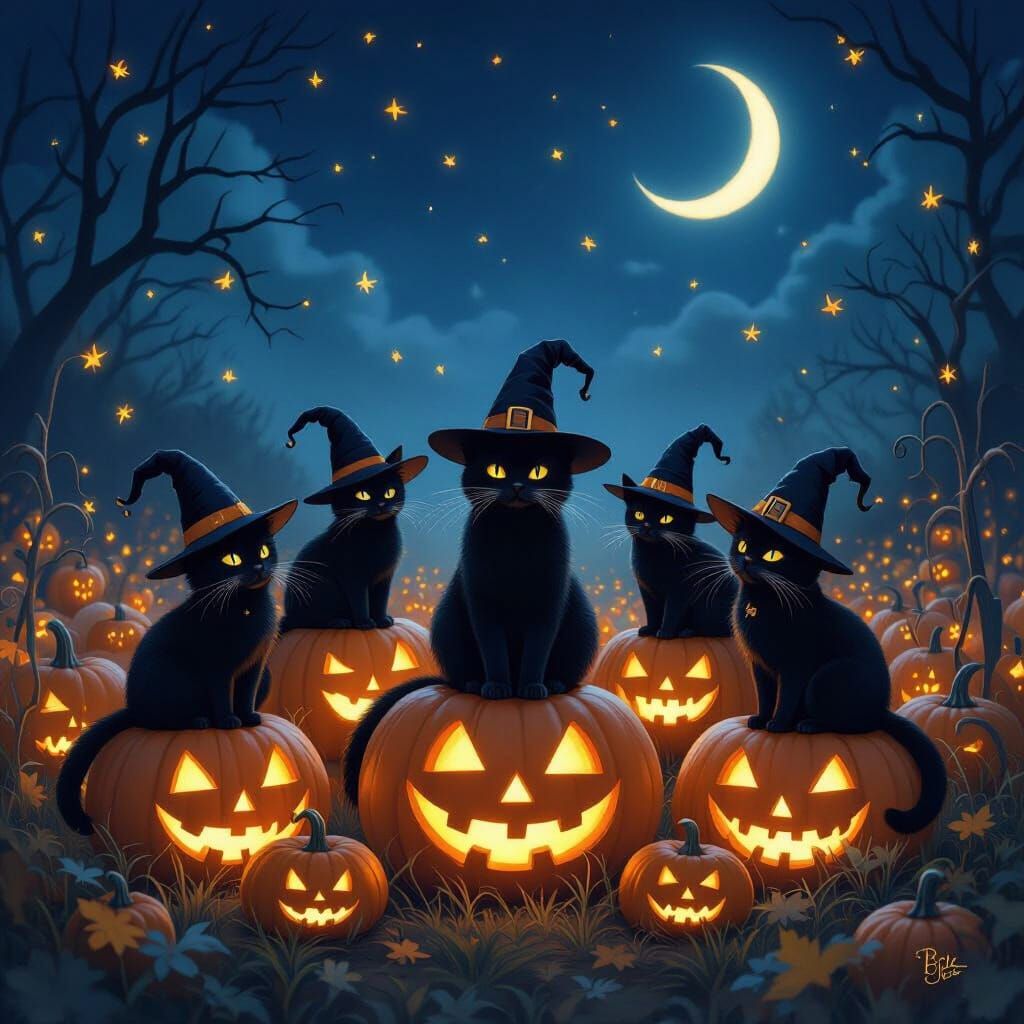 Black Cats in Witch Hats on Jack-o'-Lanterns at Night
