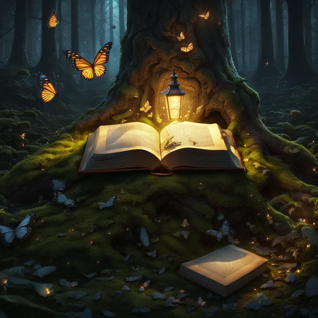 Glowing Fairytale Book in Dark Forest