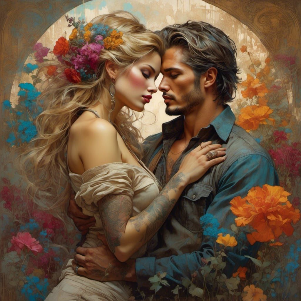Romantic Garden Embrace in Alphonso Mucha Style