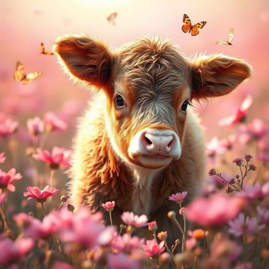 Baby Cow in Pastel Flower Field, Impressionist Style