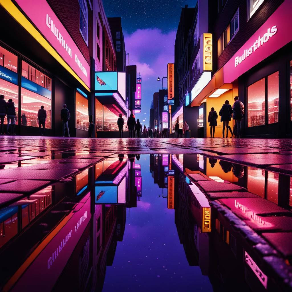Cyberpunk Cityscape Reflected in Night Puddles