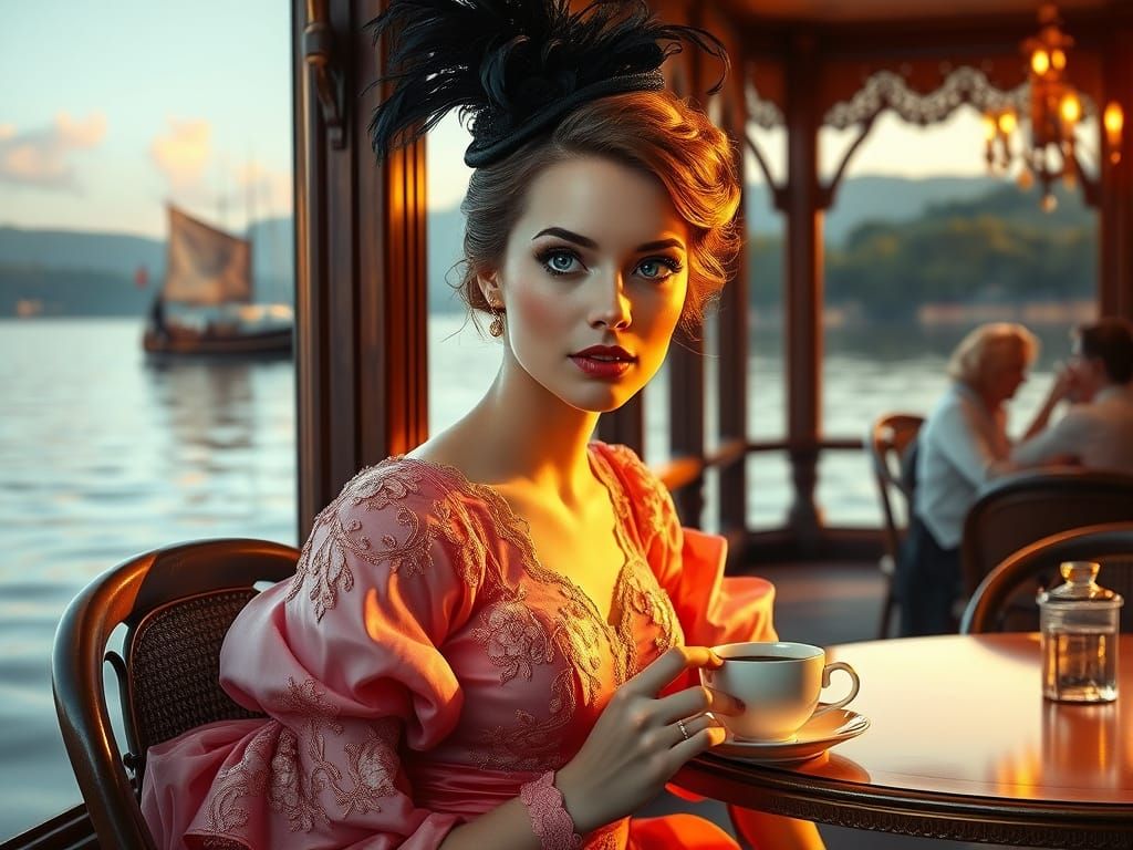 Lakeside Cafe in Warm Golden Light, 19th Century Elegance