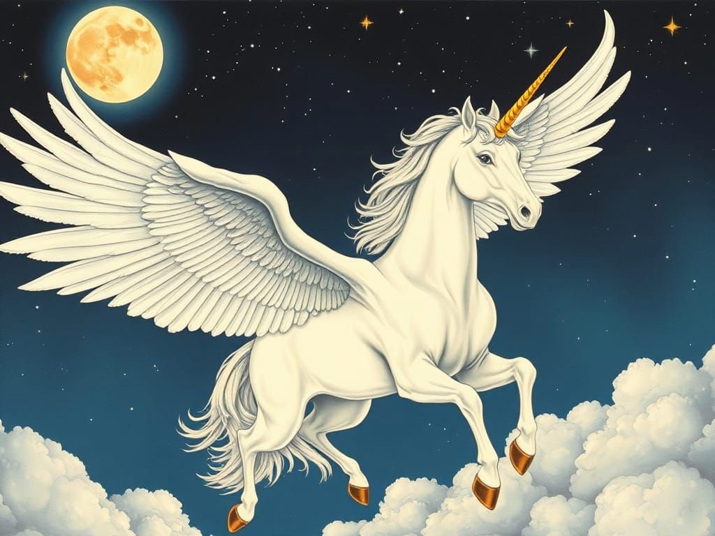 Majestic Winged Unicorn Soaring Under Moonlight