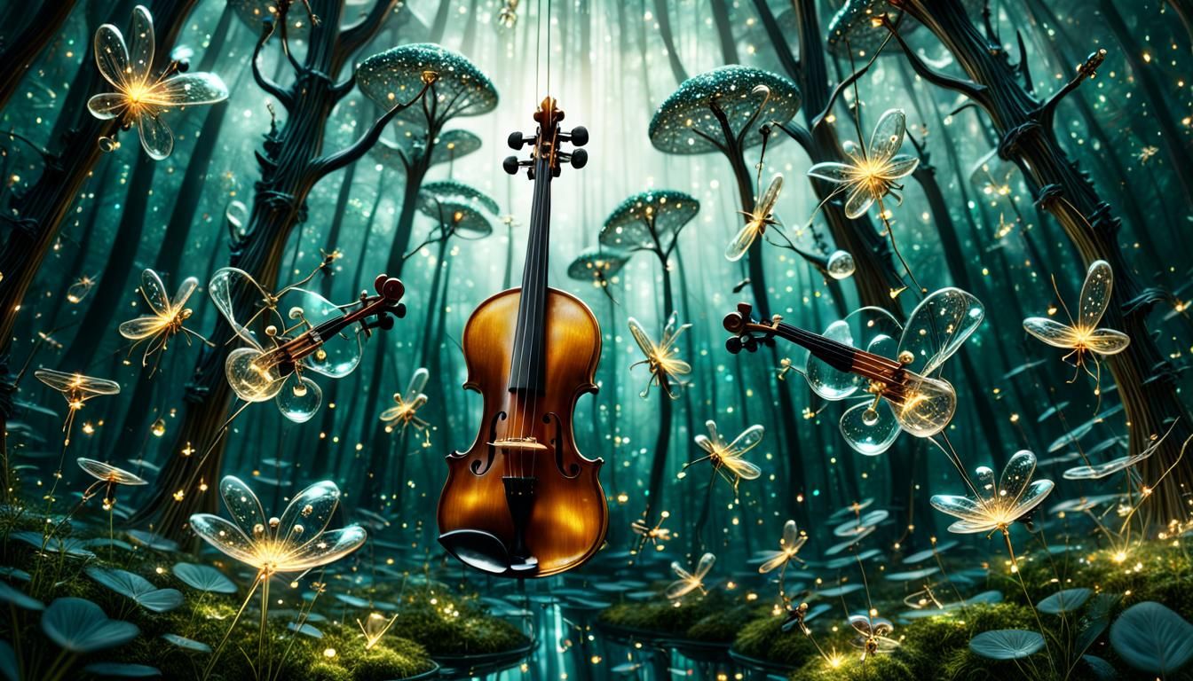 Surreal Glass Violins in Whimsical Forest