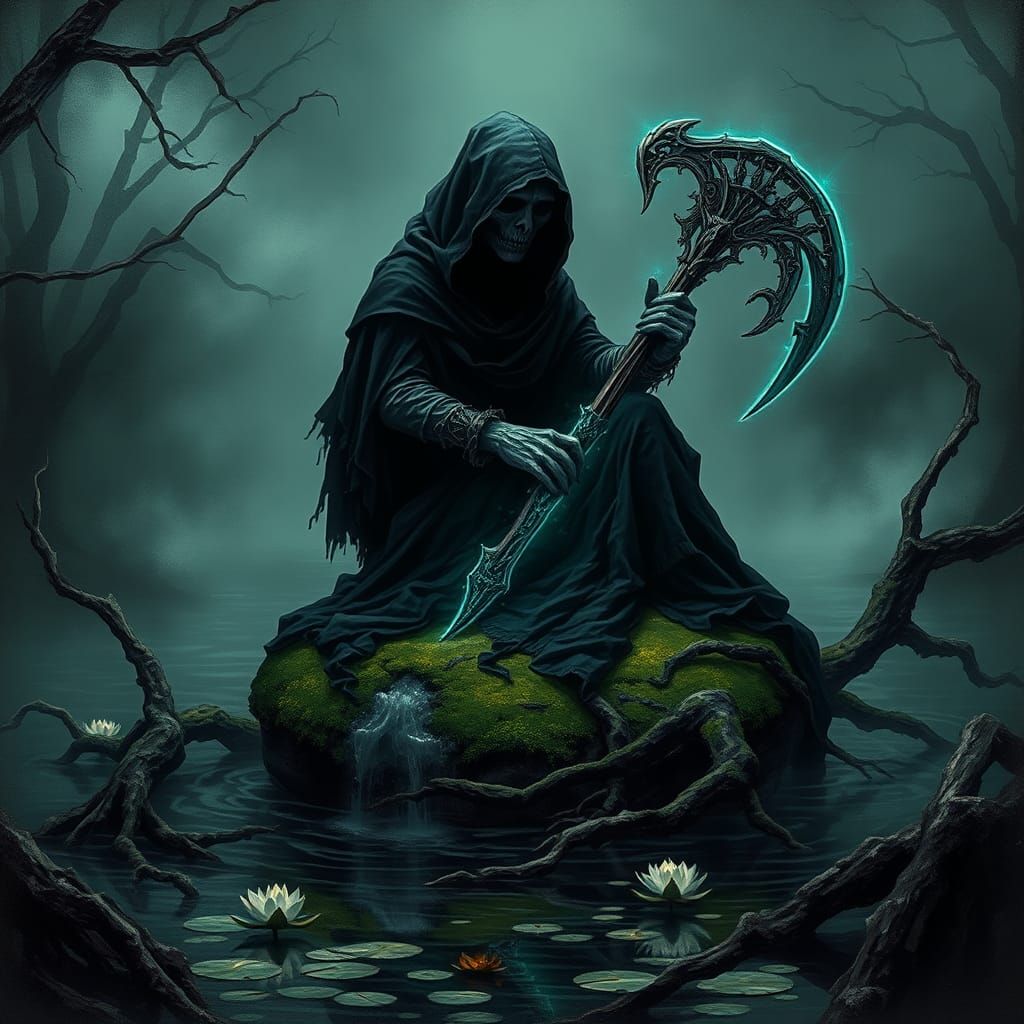 Ethereal Grim Reaper in Gothic Landscape