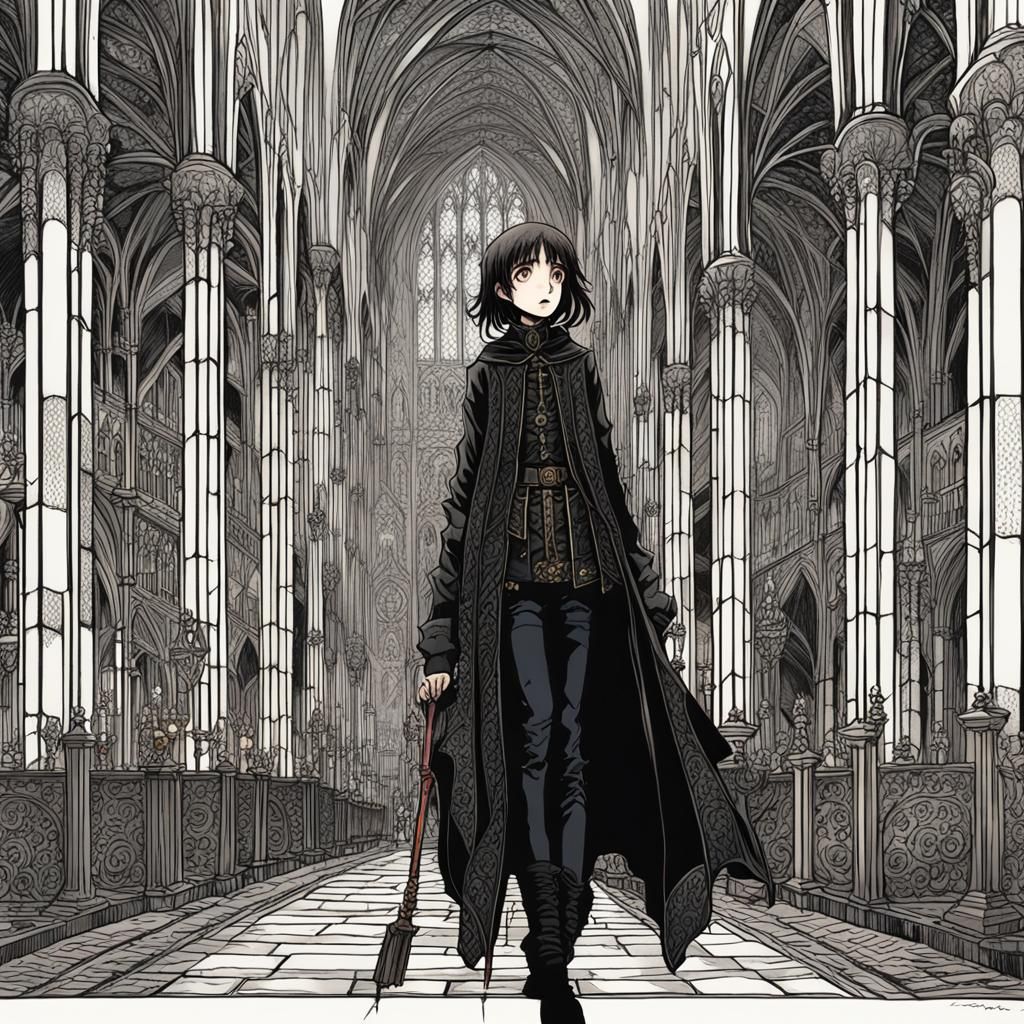 Gothic Girl in Cathedral, Anime Cel-Shaded Style