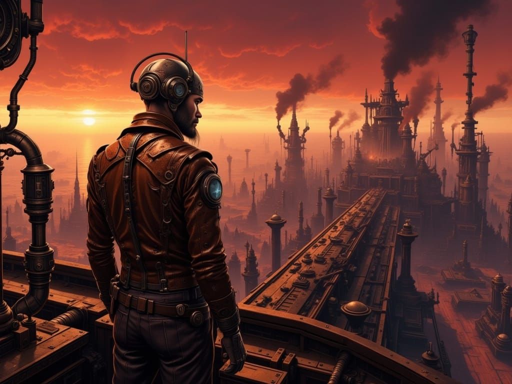 Steampunk Airship Captain Over Metropolis in RococoWave Styl...