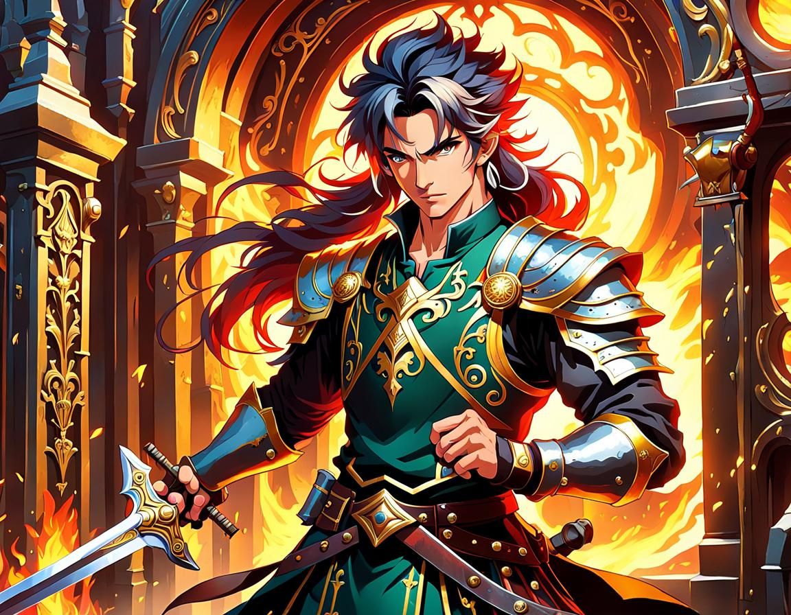 Blacksmith Forging a Glowing Sword in Art Nouveau Style