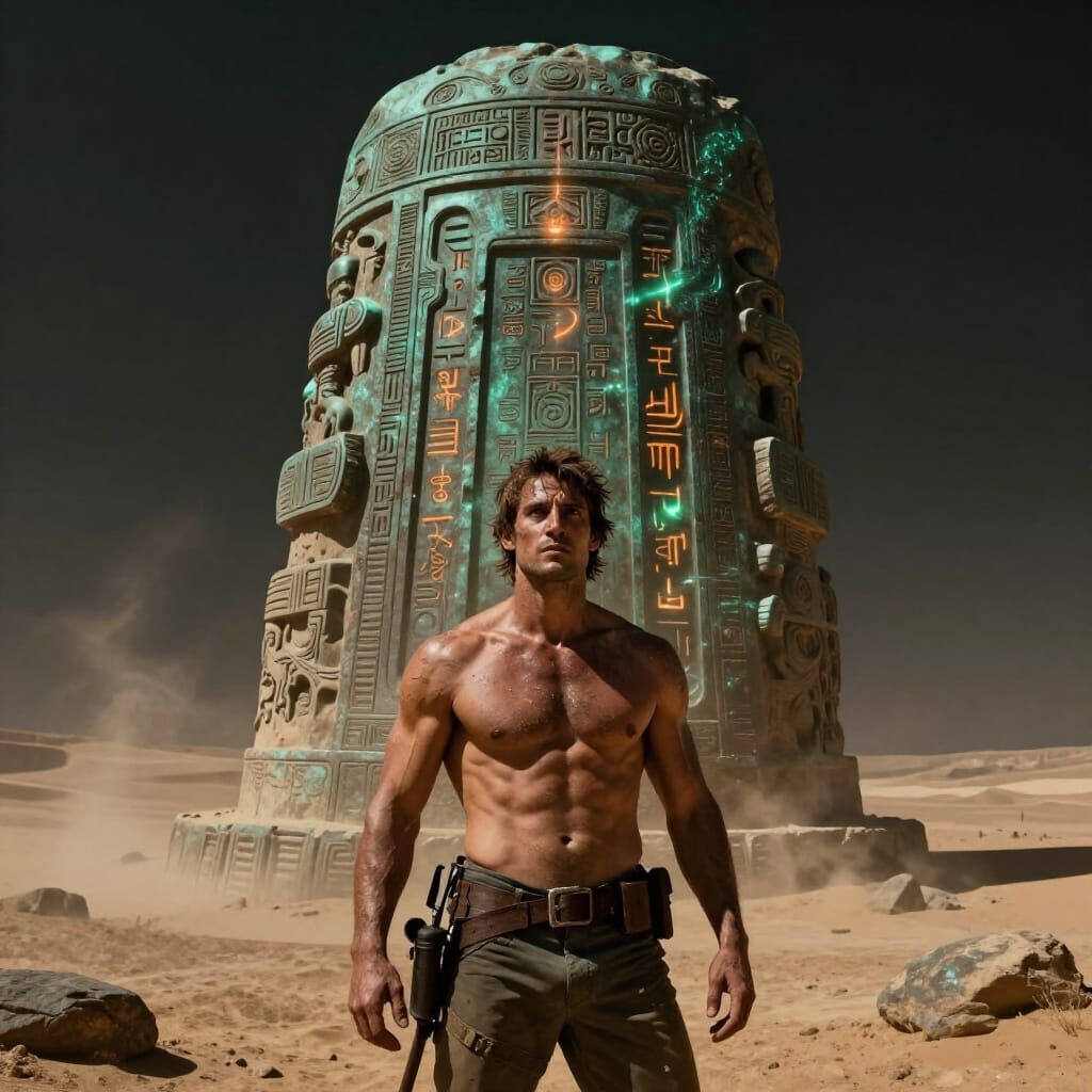 Muscular Explorer Before Alien Monolith
