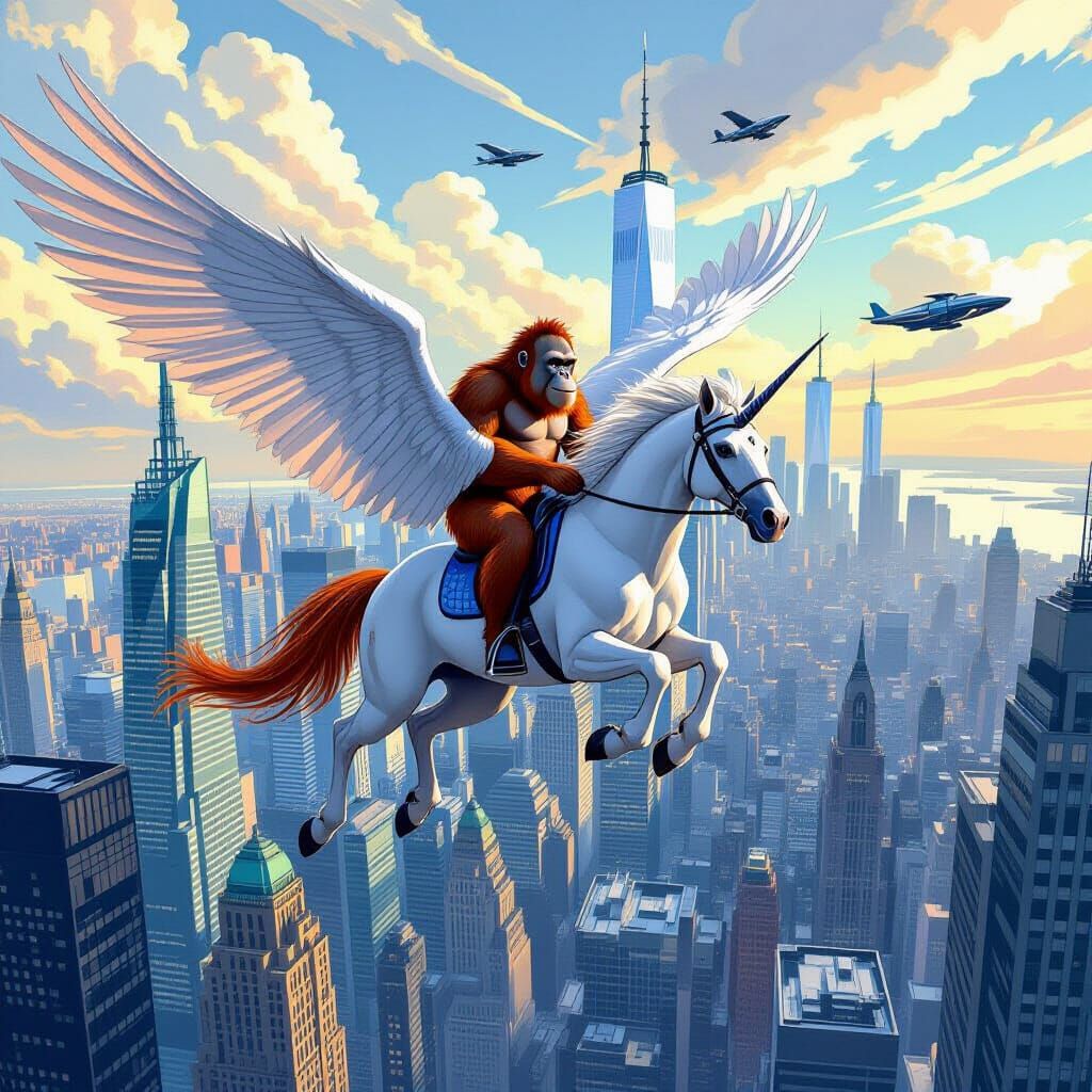 Orangutan Rider on Pegasus Over Futuristic NYC