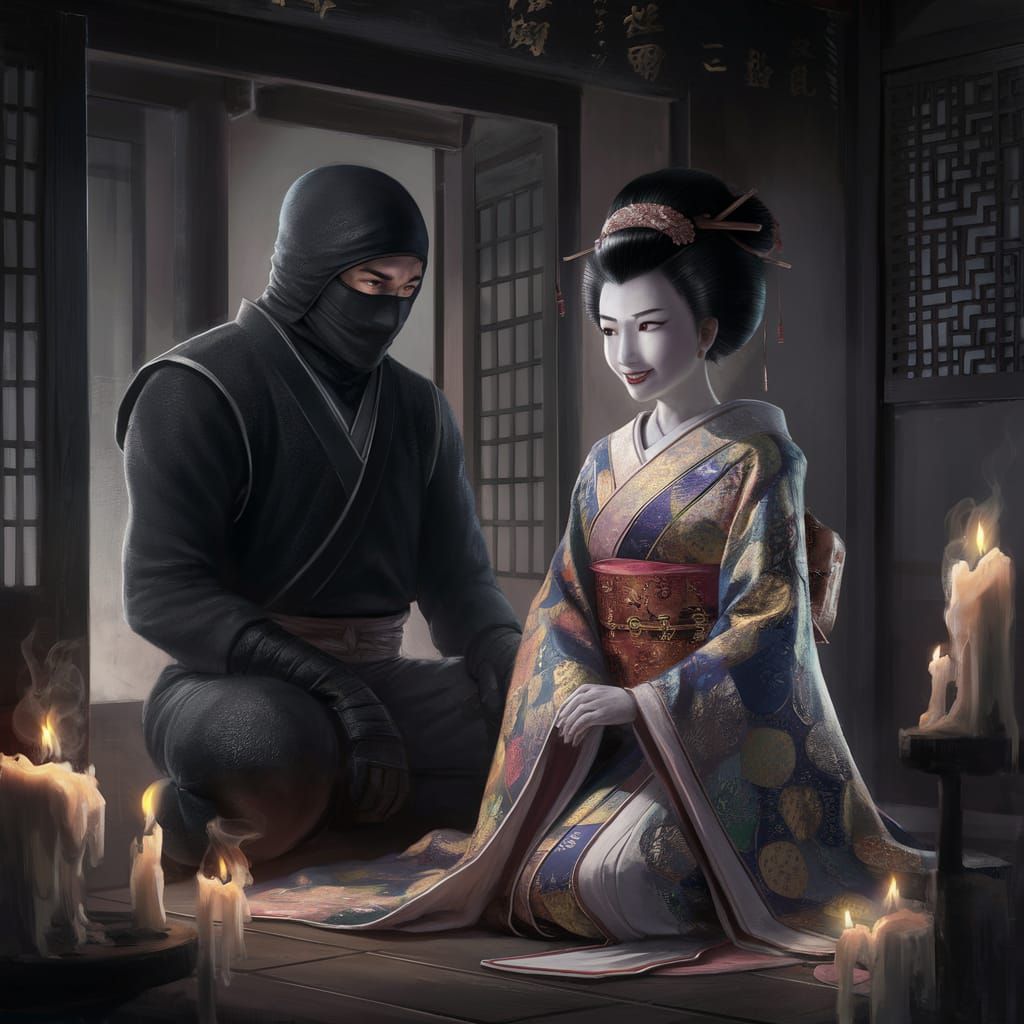 Ninja and Geisha Meeting in Traditional House
